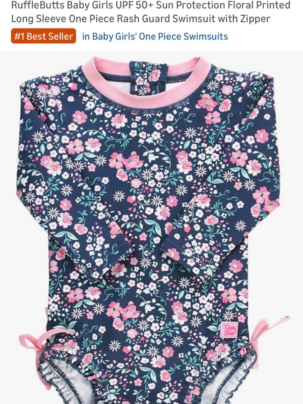 Ruffle Butts Navy & Pink Floral Long Sleeve One-Piece Swimsuit